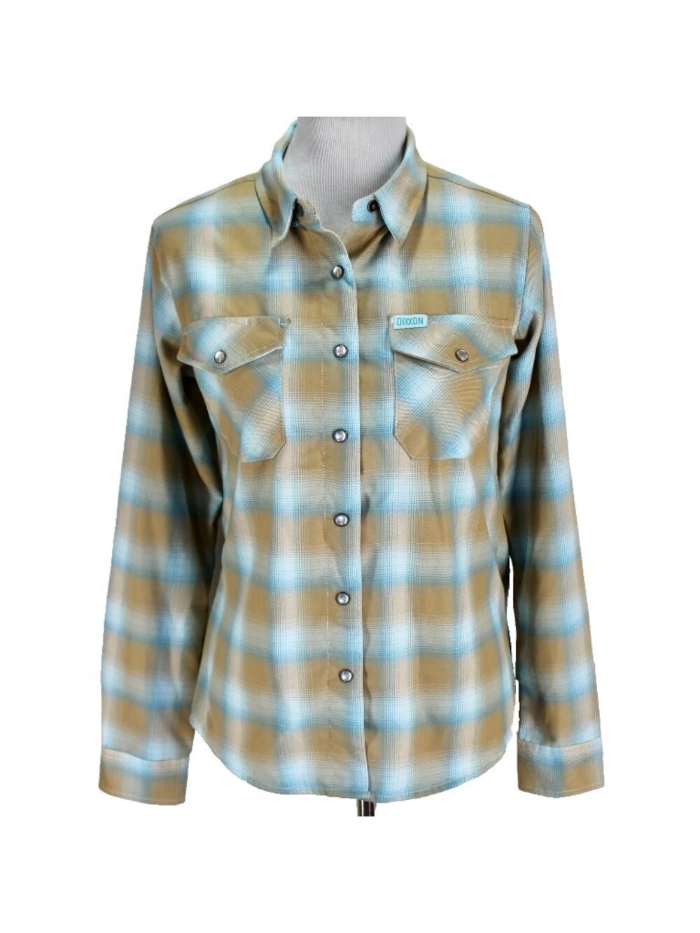 Dixxon Pale Ale Flannel Shirt Womens Sz M Tan Blue Plaid Pearl Snap Long Sleeve